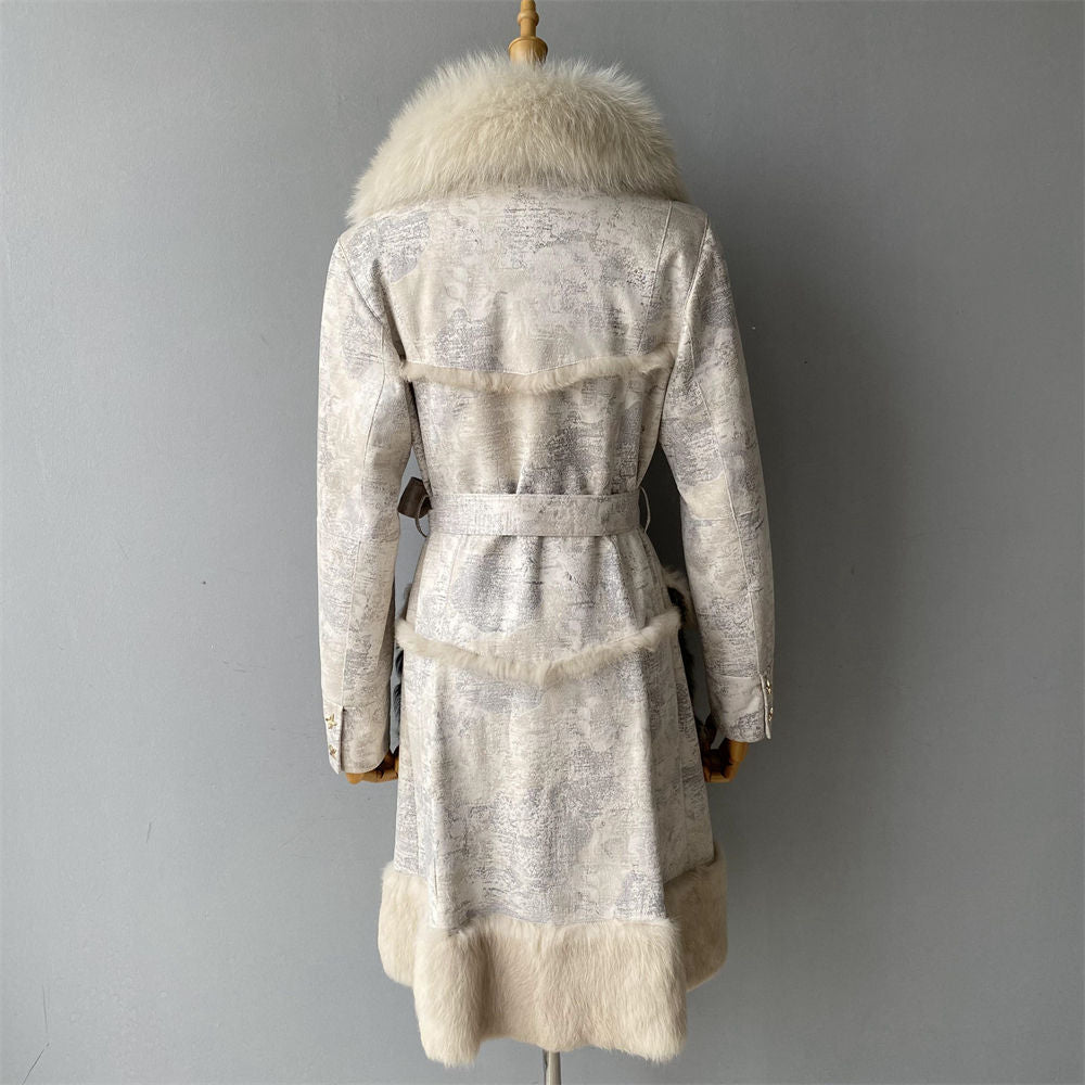 Genuine Sheep Shearling Trench Coat Fluffy Big Real Fox Fur Collar Winter Long Natural Leather Coat for Women Natalia Home Fashion    Natalia Home Fashion