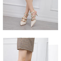 Female Rivets T-strap Sandals Pointy Toe Soft Leather Sexy Women Shoes Comfort 6CM High Heels Ladies Work Dress Shoe