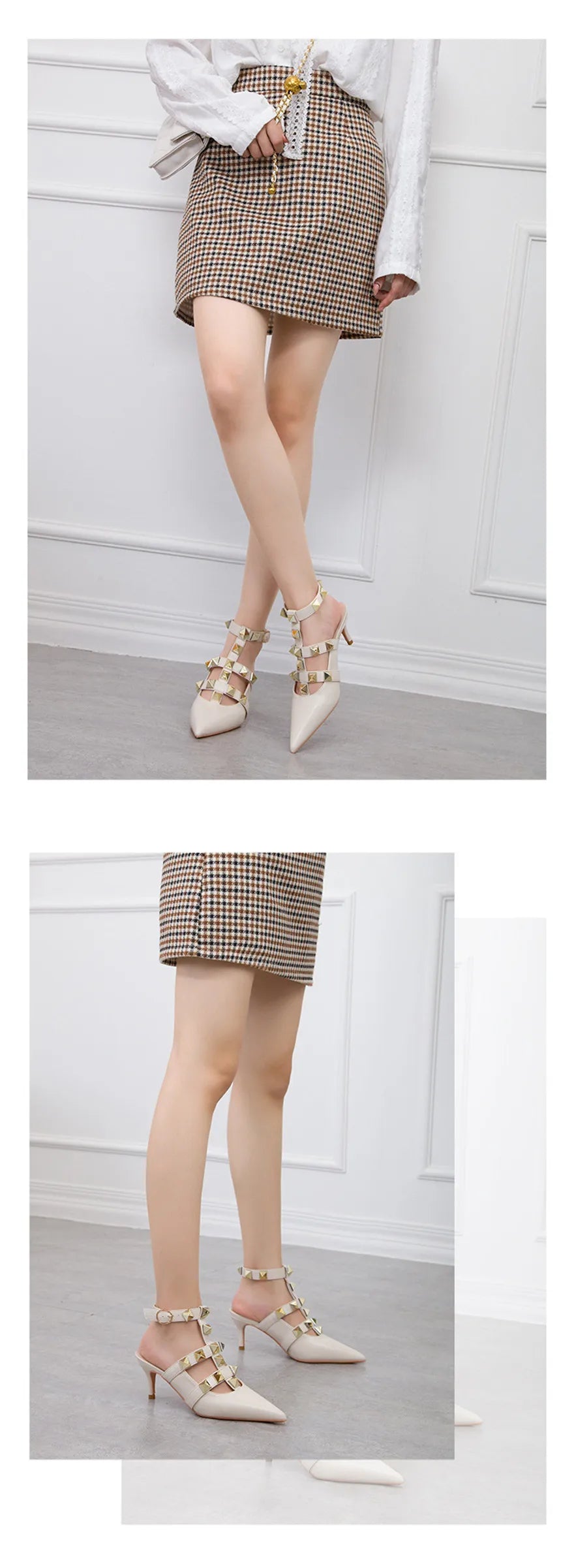 Female Rivets T-strap Sandals Pointy Toe Soft Leather Sexy Women Shoes Comfort 6CM High Heels Ladies Work Dress Shoe