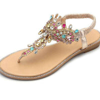 Woman Bohemian Colorful Crystal Flat Sandals for Women Glitter Rivets Studded Gladiator Sandals  Elastic Back