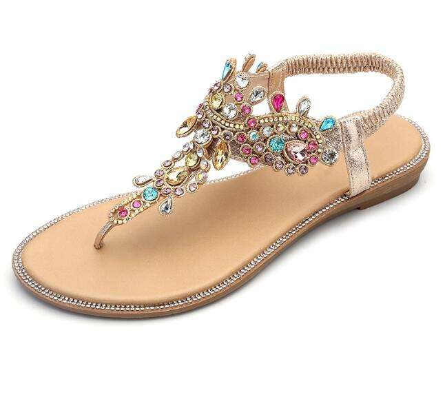 Woman Bohemian Colorful Crystal Flat Sandals for Women Glitter Rivets Studded Gladiator Sandals  Elastic Back