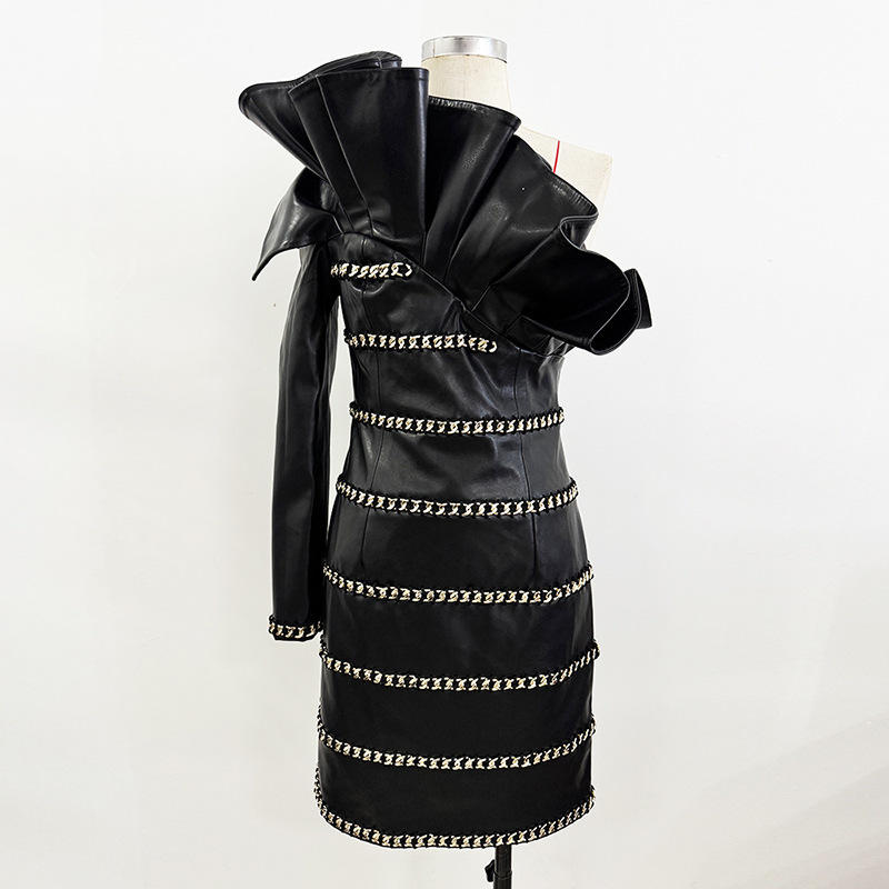 Elegant Socialite Fashion New Heavy Chain Three-Dimensional Ruffle Off-Shoulder Leather Dress Sexy Mini Dress