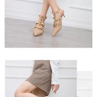 Female Rivets T-strap Sandals Pointy Toe Soft Leather Sexy Women Shoes Comfort 6CM High Heels Ladies Work Dress Shoe