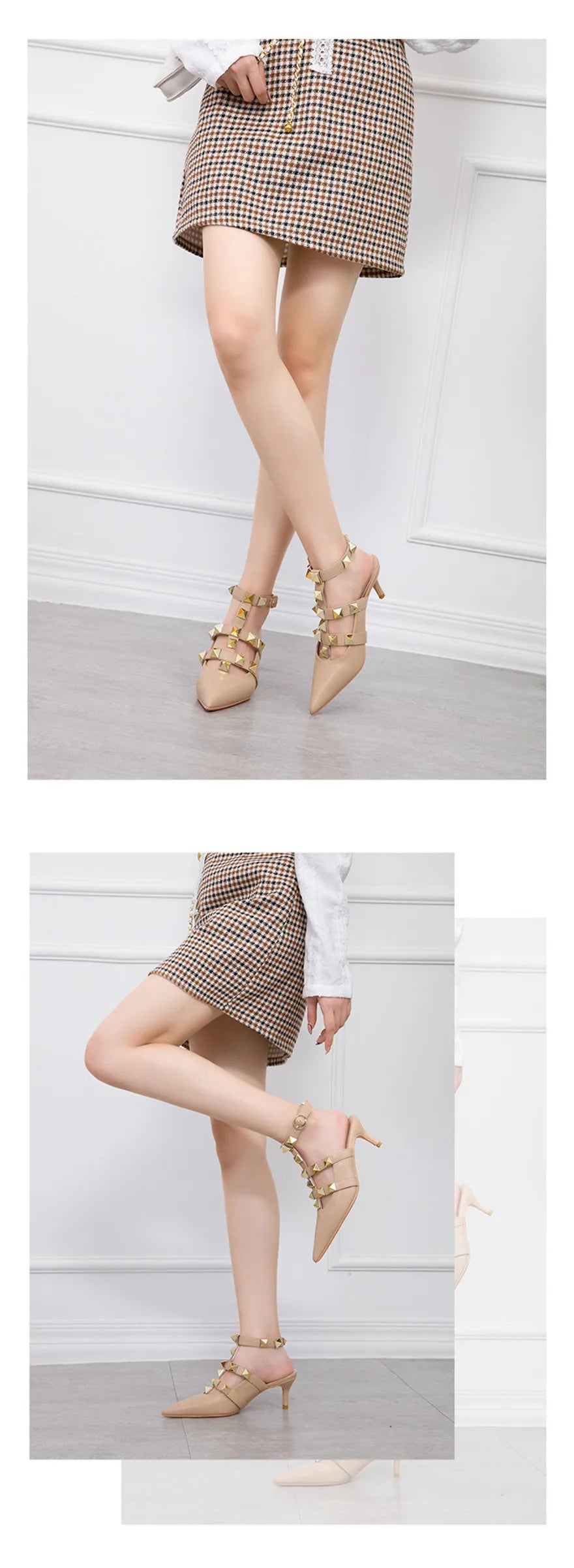 Female Rivets T-strap Sandals Pointy Toe Soft Leather Sexy Women Shoes Comfort 6CM High Heels Ladies Work Dress Shoe