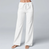 Women Cotton Linen Pants Solid Color Elastic Loose Drawstring Wide-Leg High Waist Trousers Female Stretch Straight Casual Pants