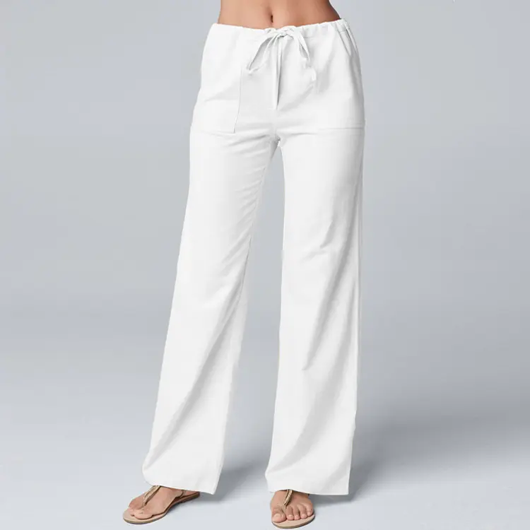 Women Cotton Linen Pants Solid Color Elastic Loose Drawstring Wide-Leg High Waist Trousers Female Stretch Straight Casual Pants