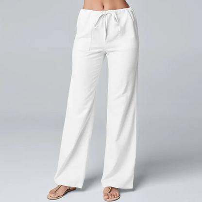 Women Cotton Linen Pants Solid Color Elastic Loose Drawstring Wide-Leg High Waist Trousers Female Stretch Straight Casual Pants