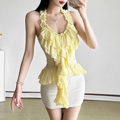 Summer Style Beach Holiday Sweet And Spicy Lace Trim Neck Hanging Chiffon Top Women Light  Round Collar T Shirt