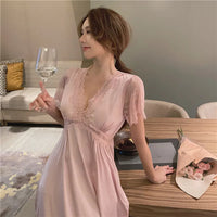 Satin Night Dress Women Sleepwear With Bras Long Lace Nightgown Short Sleeve Sleep dress Loose Intimate Lingerie Nightwear