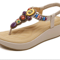 Sandals Women PU Flip Flops Casual Shoes Woman Beading Elastic Band Wedges Sandals Ethnic Style Fashion Flats