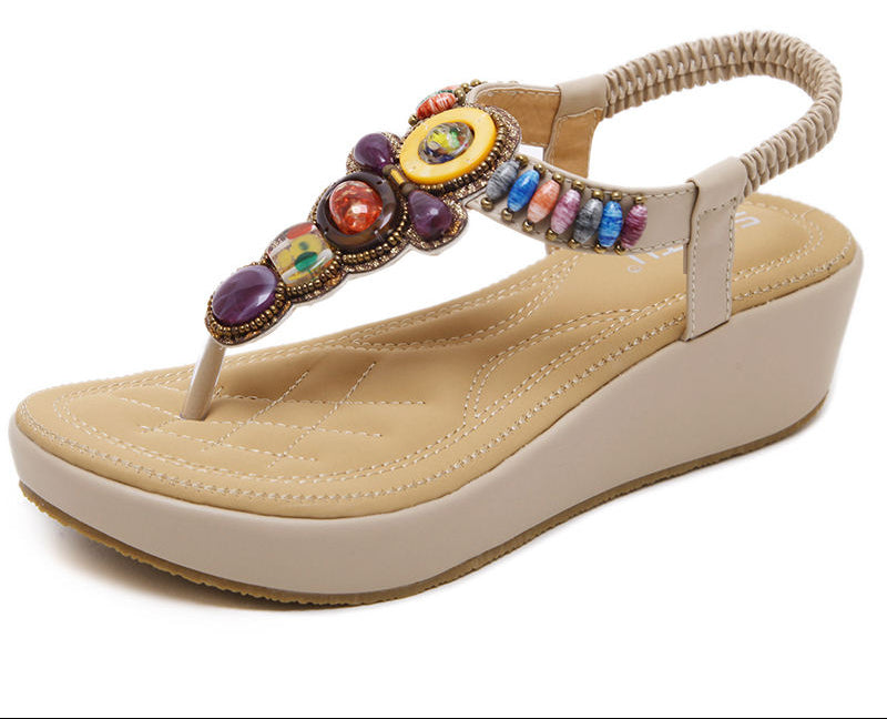 Sandals Women PU Flip Flops Casual Shoes Woman Beading Elastic Band Wedges Sandals Ethnic Style Fashion Flats