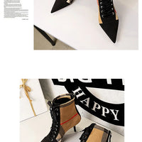 Ankle Women Boots Fashion Slim Heel High Heel Pointed Plaid Plaid Lace up Fashion Cross Strapping Boots