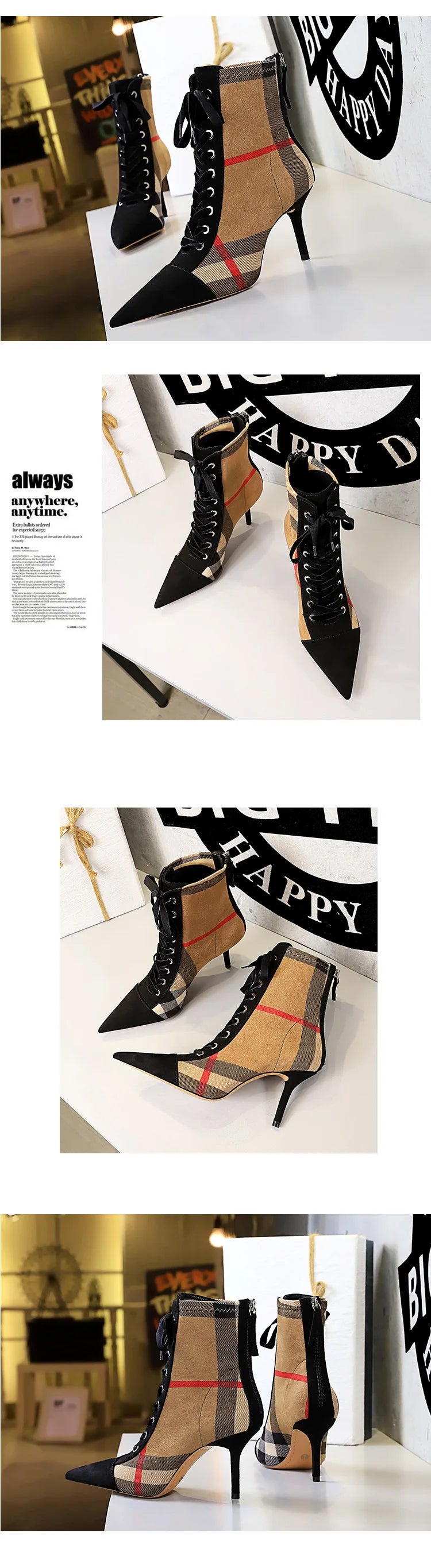 Ankle Women Boots Fashion Slim Heel High Heel Pointed Plaid Plaid Lace up Fashion Cross Strapping Boots