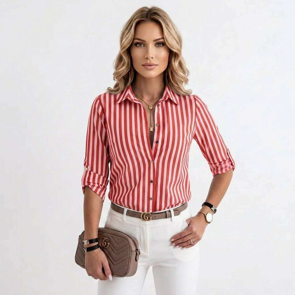 Women's Long Sleeve Striped Button-Up Shirt with Classic Lapel Collar and Curved Hem - Casual Office Wear Tops