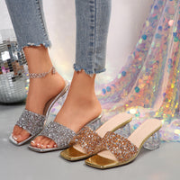 Shiny Sequins High Heel Slippers for Women Summer Fashion Square Toe Transparent Heeled Sandals Woman Glitter Slides - Natalia Home Fashion