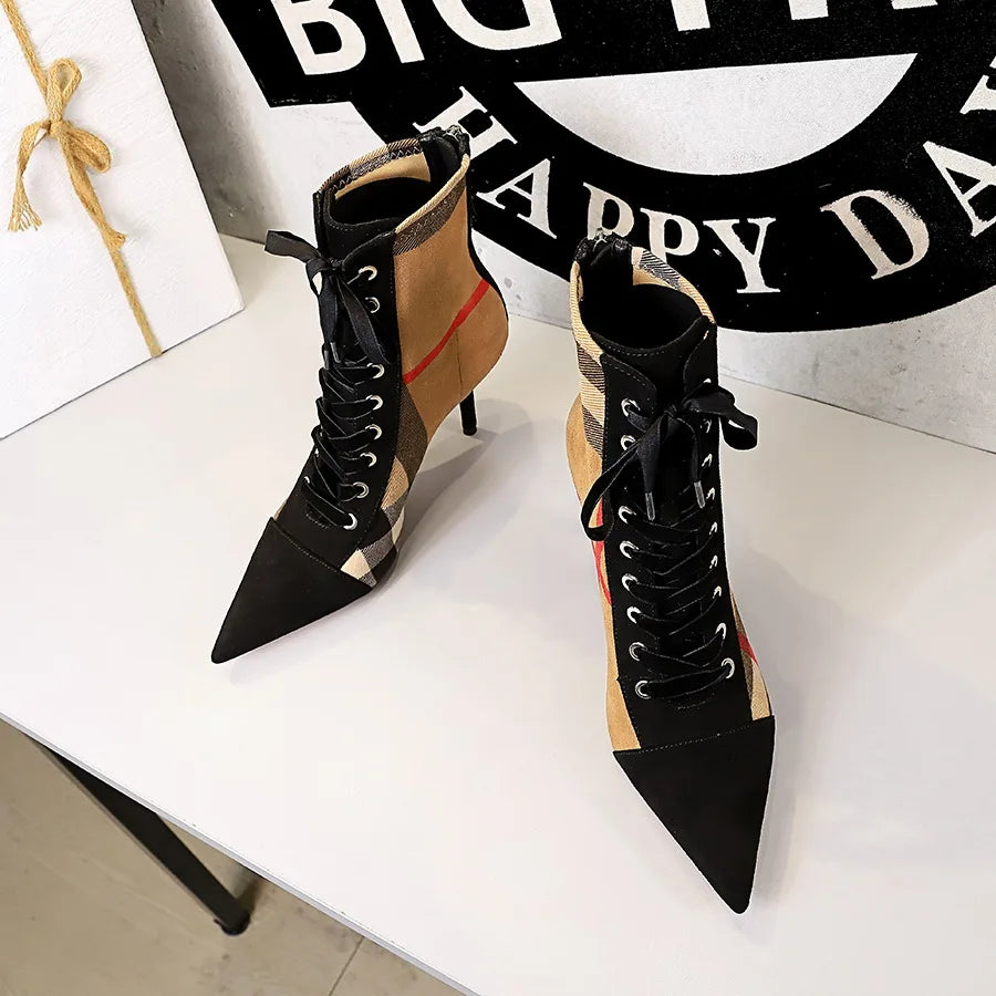 Ankle Women Boots Fashion Slim Heel High Heel Pointed Plaid Plaid Lace up Fashion Cross Strapping Boots