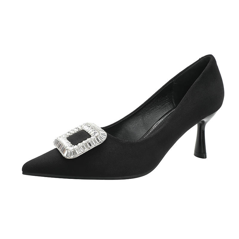 Elegant Retro Pointed Toe High Heels Thin Heel Women's Shoes Comfortable Diamond Embellished Low Cut Fashionable Footwear
