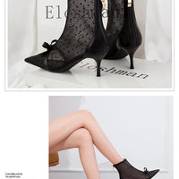 Fashion Women Ankle Boots Pointed Toe Short Pointed Toe Bow Design Thin Low Heels Back Zipper Fashion Boots Air Mesh Boots