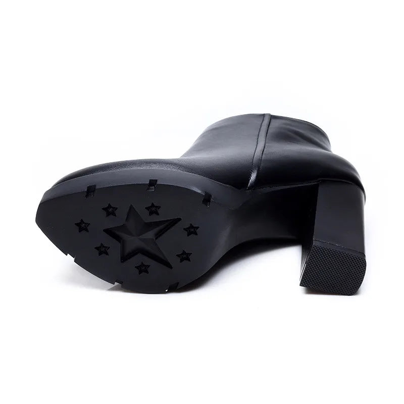 Fashion Casual Zipper Pointed Toe Soft Leather Women Shoes Square High Heel Ankle Boots Black Motorcycle Boots Shoes