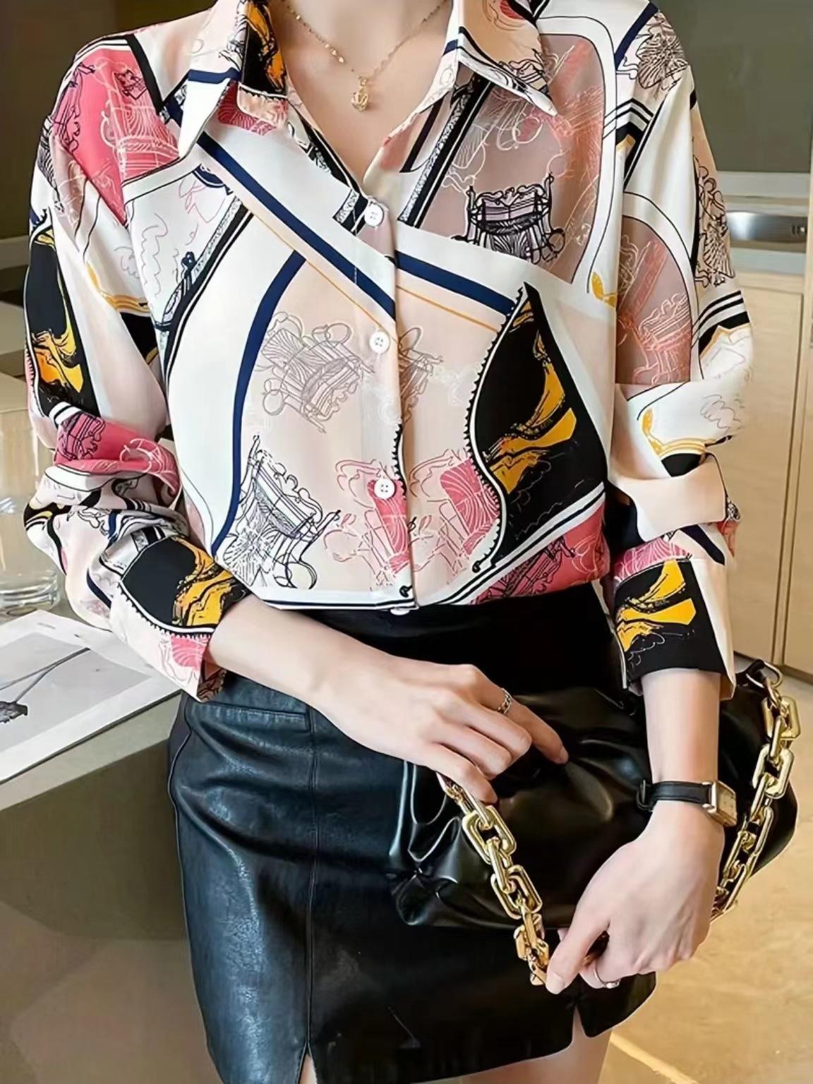 Chiffon Allover Printed Women's Blouses High Quality Long Sleeve Single Breasted Spring Summer Casual Lady Blouses