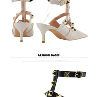 Female Rivets T-strap Sandals Pointy Toe Soft Leather Sexy Women Shoes Comfort 6CM High Heels Ladies Work Dress Shoe