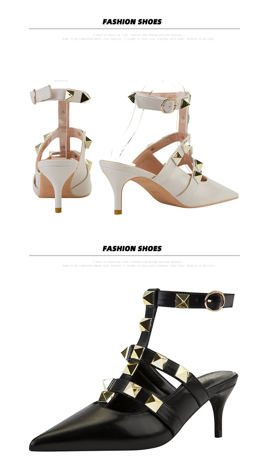 Female Rivets T-strap Sandals Pointy Toe Soft Leather Sexy Women Shoes Comfort 6CM High Heels Ladies Work Dress Shoe