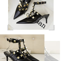Female Rivets T-strap Sandals Pointy Toe Soft Leather Sexy Women Shoes Comfort 6CM High Heels Ladies Work Dress Shoe