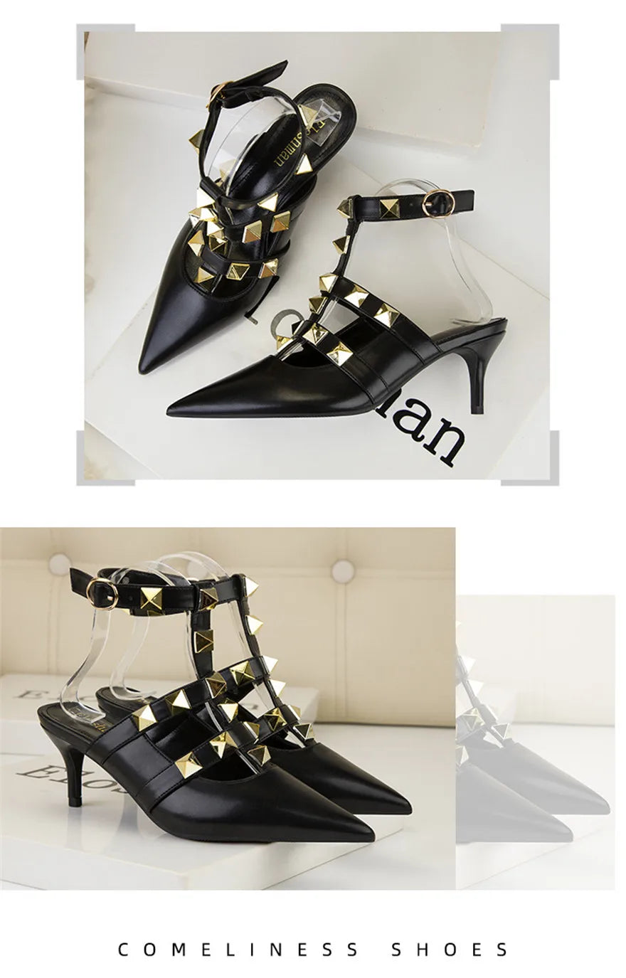 Female Rivets T-strap Sandals Pointy Toe Soft Leather Sexy Women Shoes Comfort 6CM High Heels Ladies Work Dress Shoe