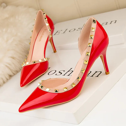Women's shoes Spring  fashion rivet stiletto stiletto heels show thin, shallow mouth, pointed sexy side hollowed-out