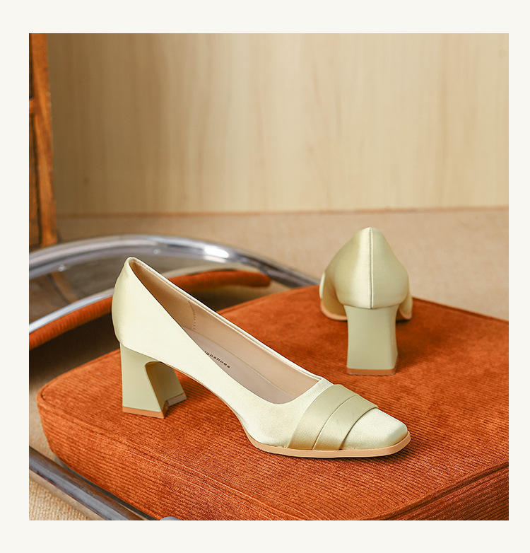Elegant Satin High Heels Square Toe Slip-On Chunky Heel Comfortable Women's Shoes for Party Fashion Footwear