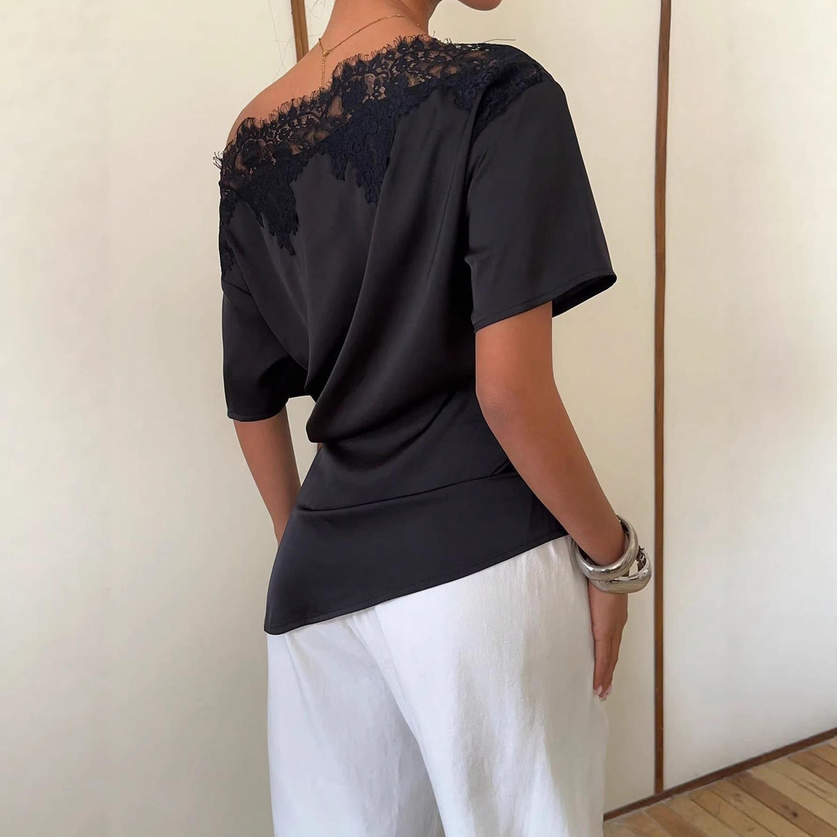 Elegant temperament women's top with lace splicing, sloping collar, waist cinching, solid color, irregular short sleeved top Natalia Home Fashion    Natalia Home Fashion