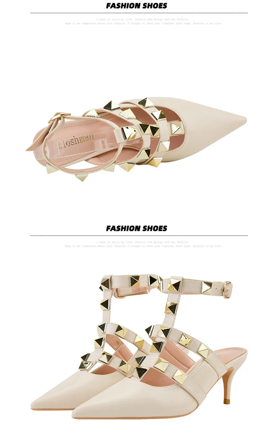 Female Rivets T-strap Sandals Pointy Toe Soft Leather Sexy Women Shoes Comfort 6CM High Heels Ladies Work Dress Shoe