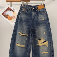 Irregular Hole Vintage Jeans Women Distressed Washed Wide Leg Loose Denim Pants Natalia Home Fashion    Natalia Home Fashion
