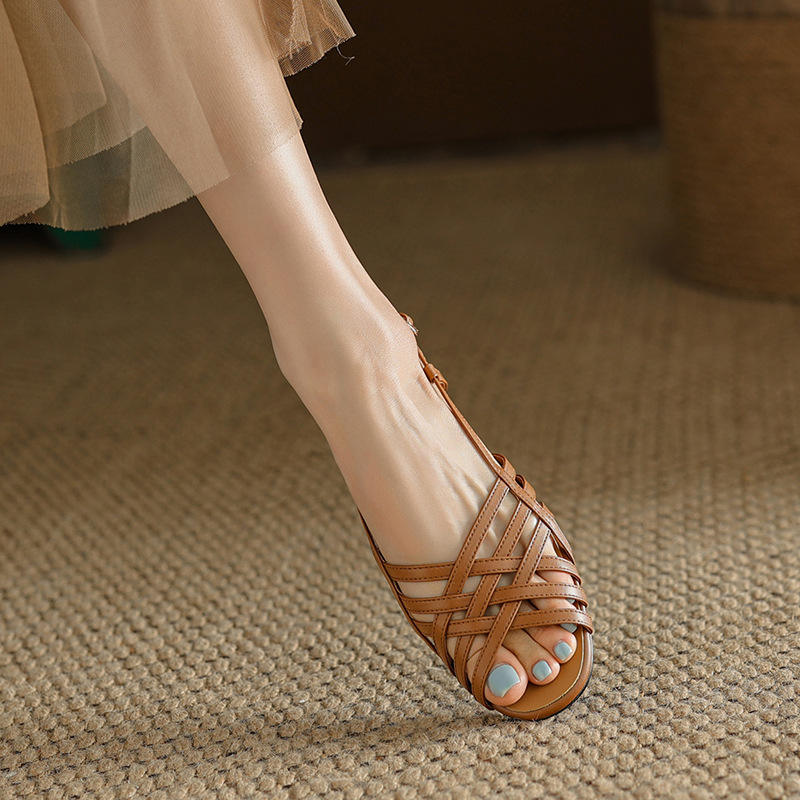 Retro Style Roman Woven Sandals Women Flat Low Heel Pure Color Breathable Casual Shoes Flats - Natalia Home Fashion