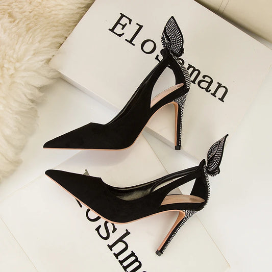 Women's High Heels Suede Stilettos Bow Detail Black Pointed Toe Pumps Sexy Temperament Footwear for Special Occasions