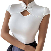 Elegant Mandarin Collar Short Sleeves Tee Chinese Style Knot Button Hollow Out Front T-Shirt  Party Street Summer Clothes Top Natalia Home Fashion    Natalia Home Fashion