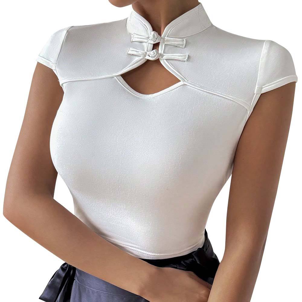 Elegant Mandarin Collar Short Sleeves Tee Chinese Style Knot Button Hollow Out Front T-Shirt  Party Street Summer Clothes Top Natalia Home Fashion    Natalia Home Fashion