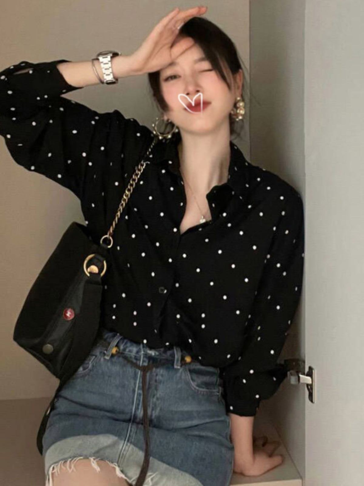 Chic Polka Dot Long Sleeve Shirt Women's Turn-down Collar French Style Simple Design Spring Summer New Arrival