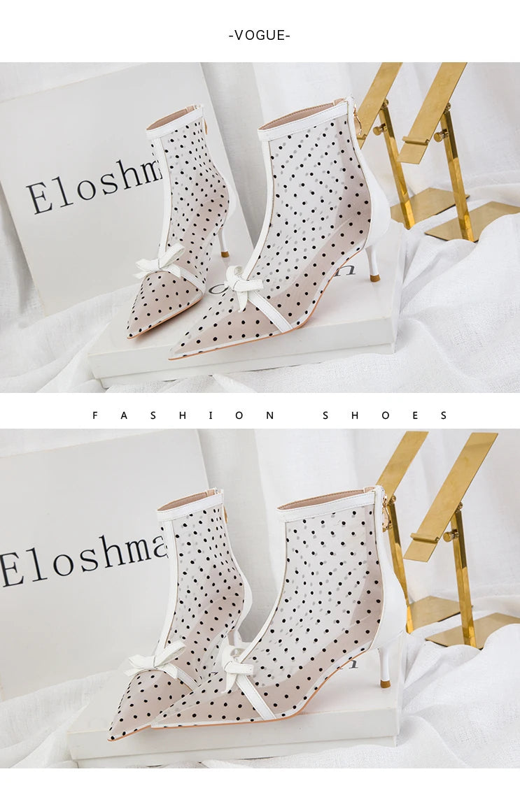 Fashion Women Ankle Boots Pointed Toe Short Pointed Toe Bow Design Thin Low Heels Back Zipper Fashion Boots Air Mesh Boots