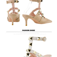 Female Rivets T-strap Sandals Pointy Toe Soft Leather Sexy Women Shoes Comfort 6CM High Heels Ladies Work Dress Shoe