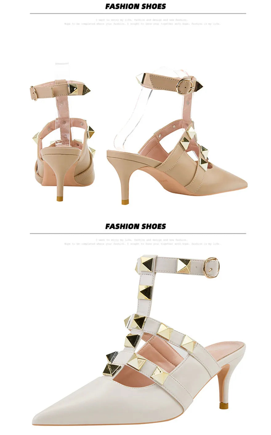 Female Rivets T-strap Sandals Pointy Toe Soft Leather Sexy Women Shoes Comfort 6CM High Heels Ladies Work Dress Shoe