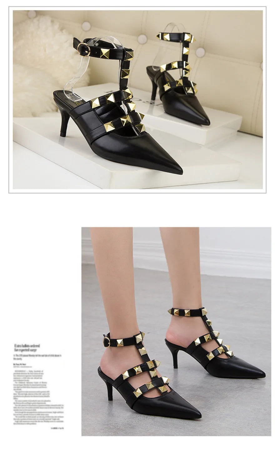 Female Rivets T-strap Sandals Pointy Toe Soft Leather Sexy Women Shoes Comfort 6CM High Heels Ladies Work Dress Shoe