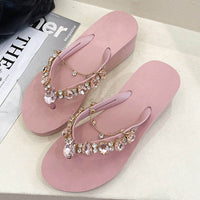 Women Slippers Fashion Summer New Water Diamond Flip Flops Women Outwear Thick Sole Slope Heels Beach Vacation Slippers