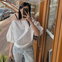 French Acetate Satin Short Sleeve Shirt Women Summer Beautiful Shirt Short Design Loose Slim Slanted Shoulder Top