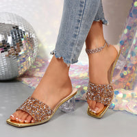 Shiny Sequins High Heel Slippers for Women Summer Fashion Square Toe Transparent Heeled Sandals Woman Glitter Slides - Natalia Home Fashion