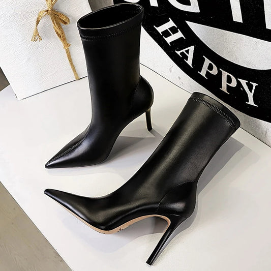 Leather Boots Women Ankle Boots Autumn Winter Boots Women High Heels Short Boots Ladies Booties