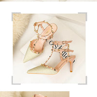 PUMPS High-heeled Shoes Female Pointed Stiletto Sexy Nightclub Word With Rivets Wild Sandals Female Summer
