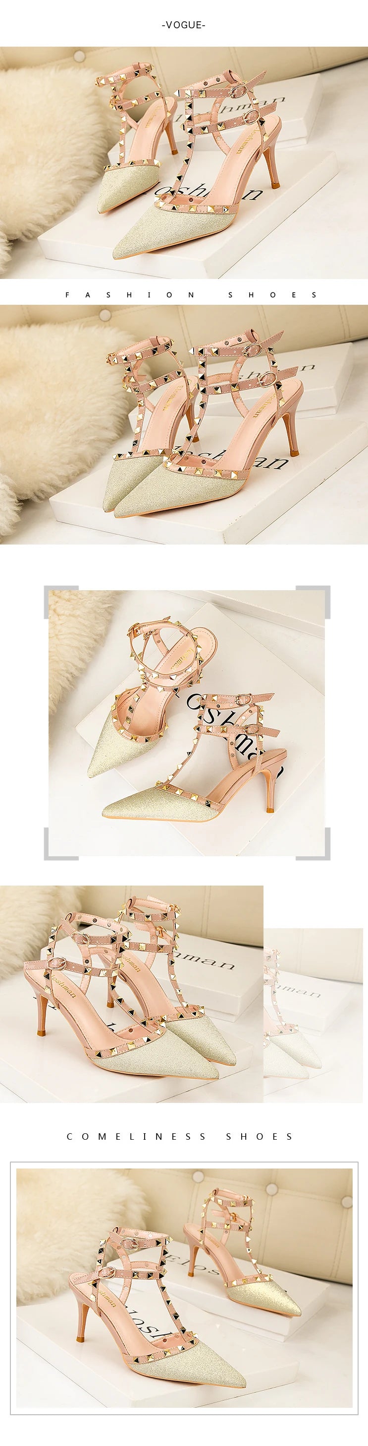 PUMPS High-heeled Shoes Female Pointed Stiletto Sexy Nightclub Word With Rivets Wild Sandals Female Summer