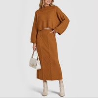 Women's clothing 2-piece set, fashionable twist rope long skirt + crew neck sweater two-piece set Natalia Home Fashion    Natalia Home Fashion