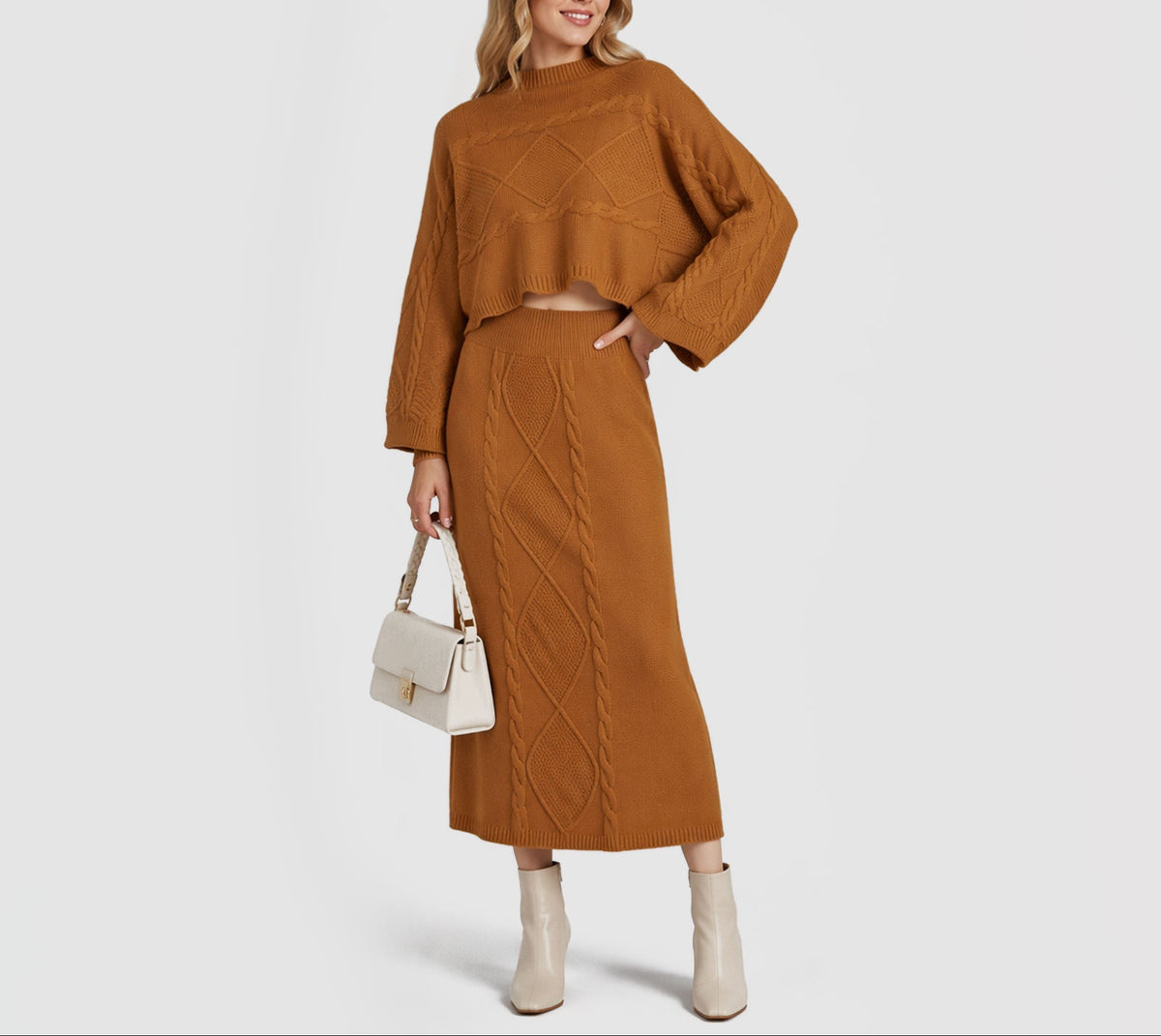 Women's clothing 2-piece set, fashionable twist rope long skirt + crew neck sweater two-piece set Natalia Home Fashion    Natalia Home Fashion